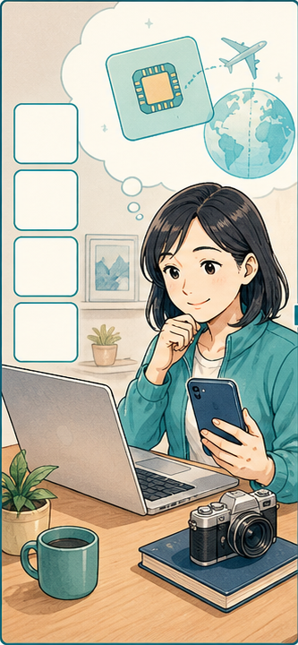女性旅人在出發前從旅遊平台尋找 eSIM 方案的插圖
