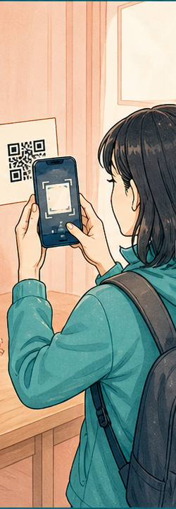 女性旅人用 eSIMManager 掃描供應商 QR Code 的插圖