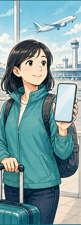 女性旅人抵達目的地後準備啟用旅遊 eSIM 的插圖