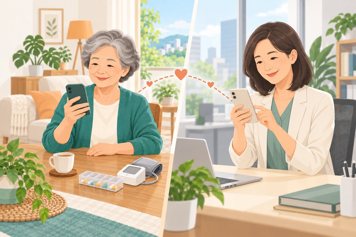 長輩與女兒透過手機互相關心的插圖