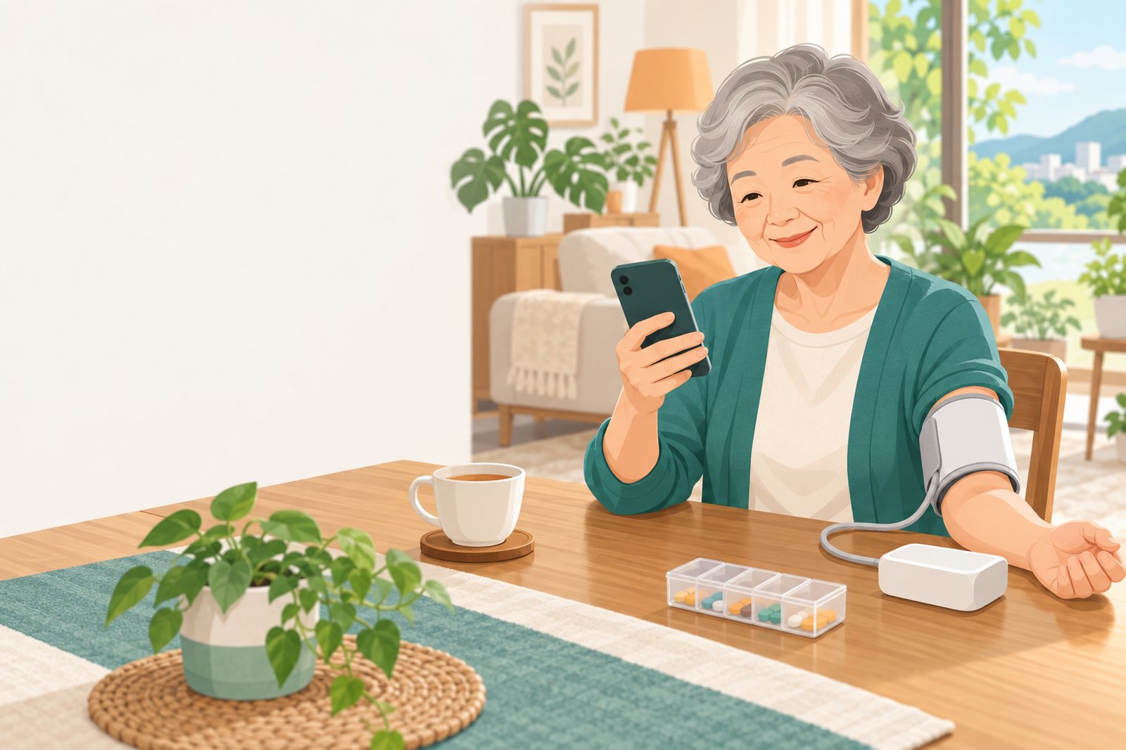 台灣長輩在家量血壓、用手機記錄的插圖
