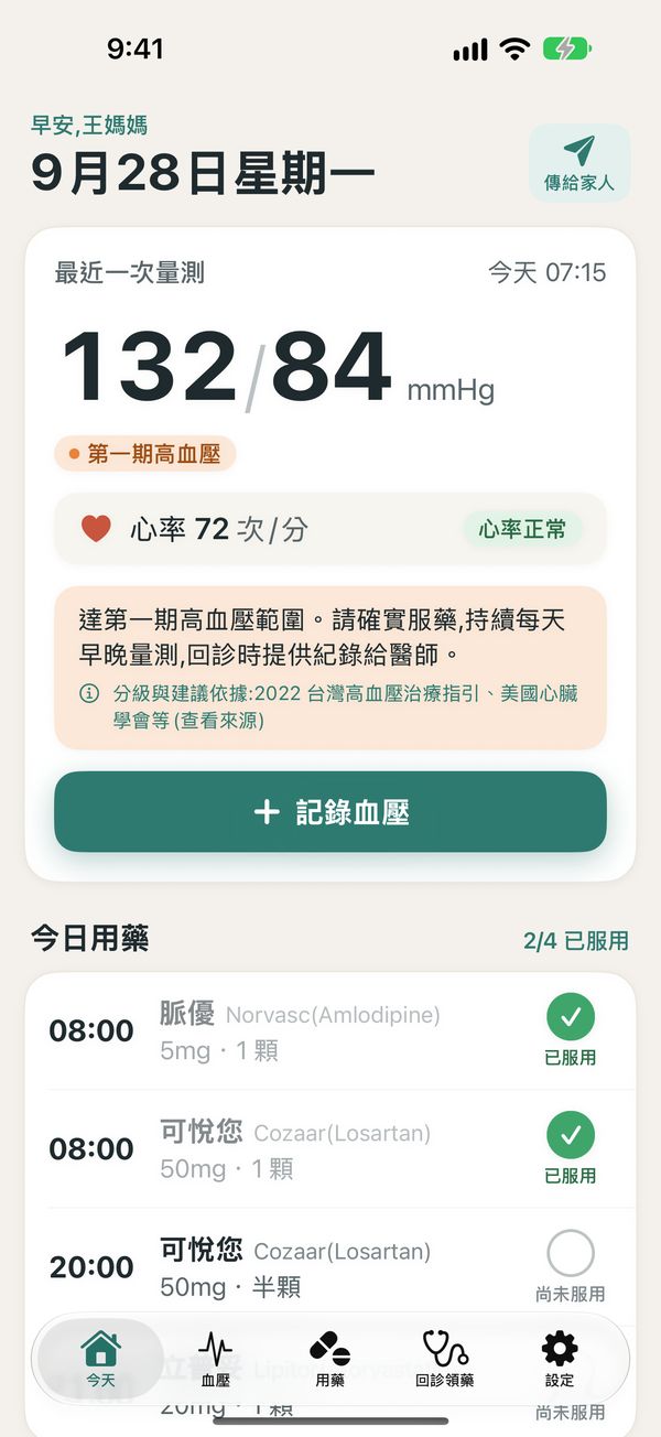 首頁:最近一次血壓與判讀、今天的藥